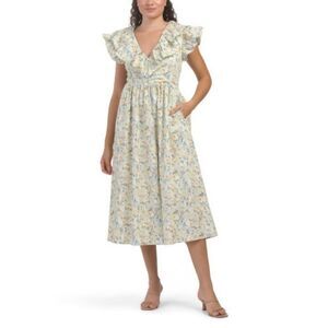 O.P.T. Kate Dress Womens Size M Poplin Floral Midi Ruffle Neckline Garden Girl